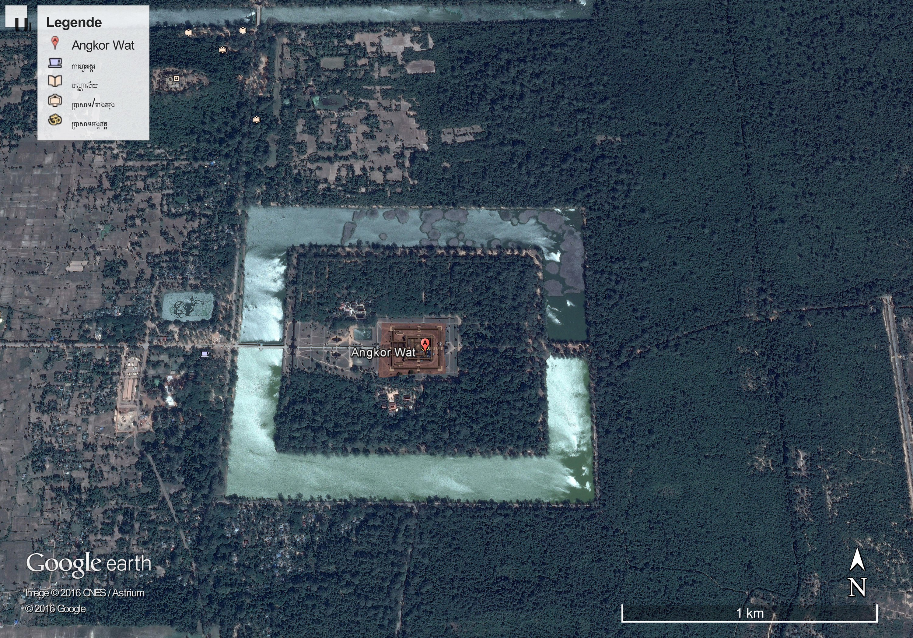 Die Aufnahme von Google Earth zeigt Angkor Wat in Kambodscha, die größte Tempelanlage der Welt. Ein Archäologenteam um Damian Evans von der Universität Sydney hat riesige mittelalterliche Siedlungen und Tempelanlagen in der Nähe von Angkor Wat entdeckt.