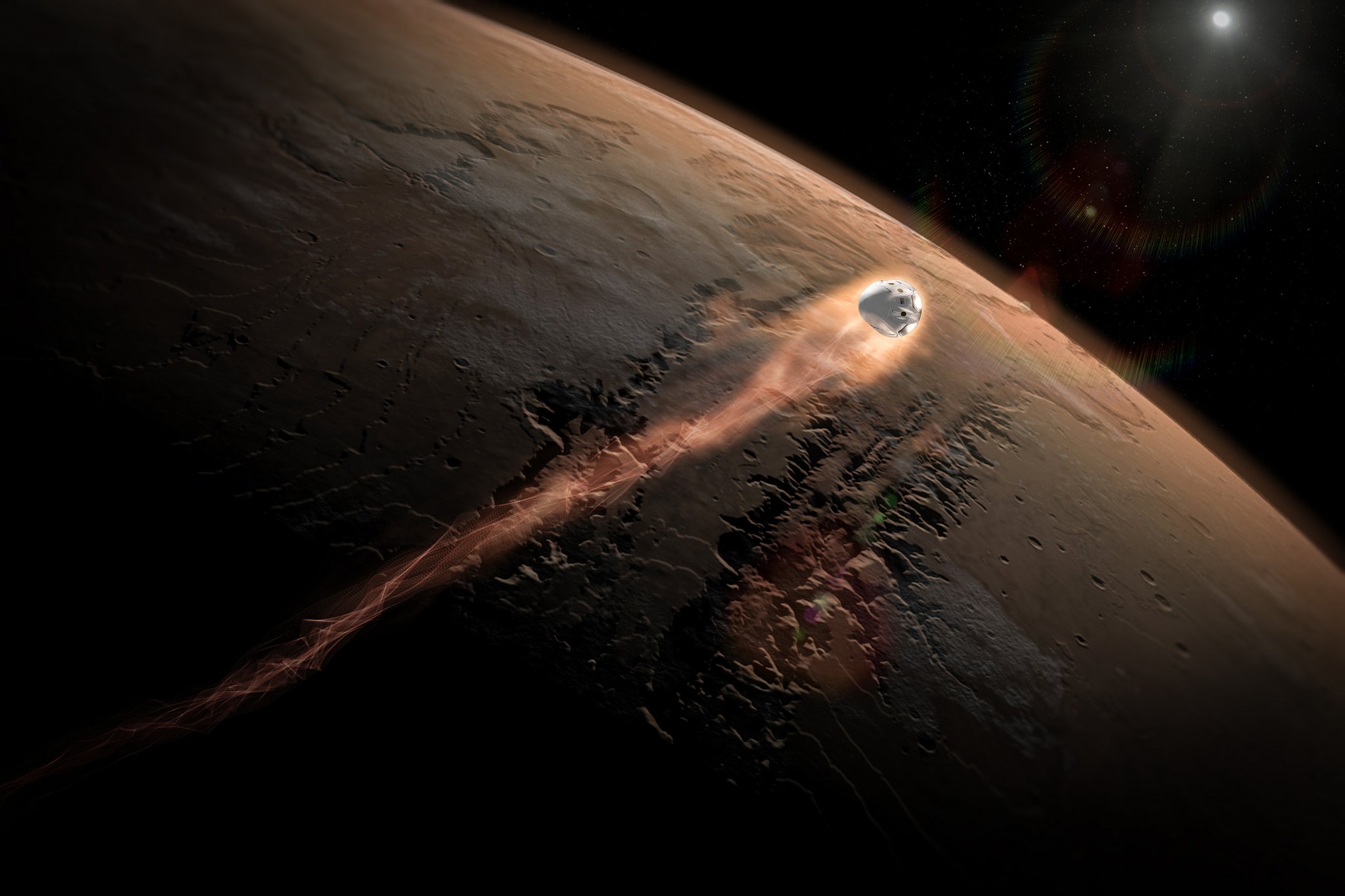 Dragon-Kapsel vor der Landung auf dem Mars: Die erste bemannte Mission zum Mars plant Elon Musk für 2025, mehr als fünf Jahre vor der Nasa.