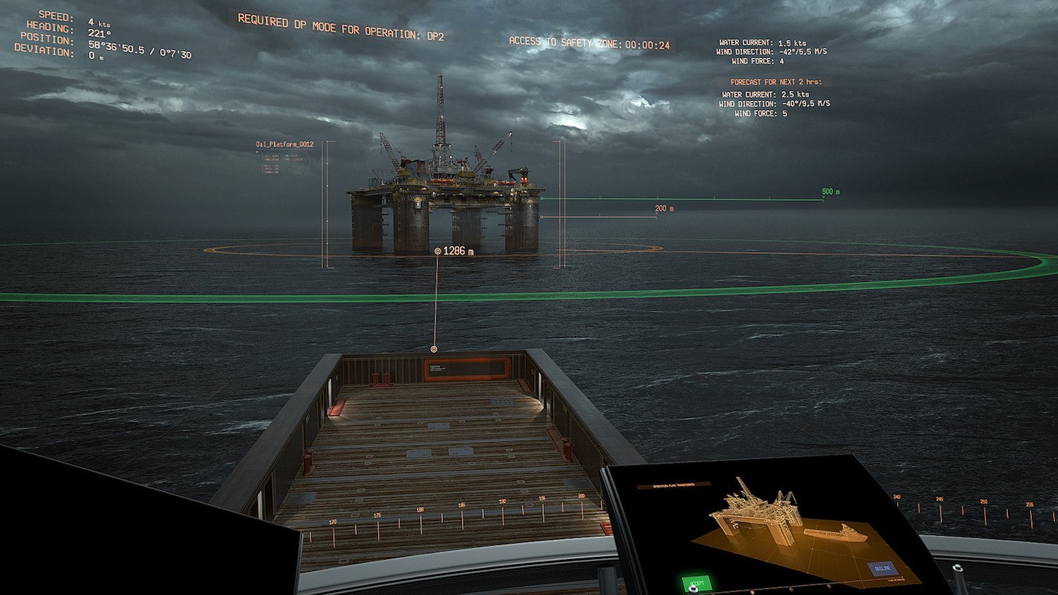 Blick durch die VR-Brille: Der Kapitän sieht die Umgebung des Schiffes. Ins Sichtfeld eingeblendet sind auch Windgeschwindigkeit und der Abstand zu Objekten. 