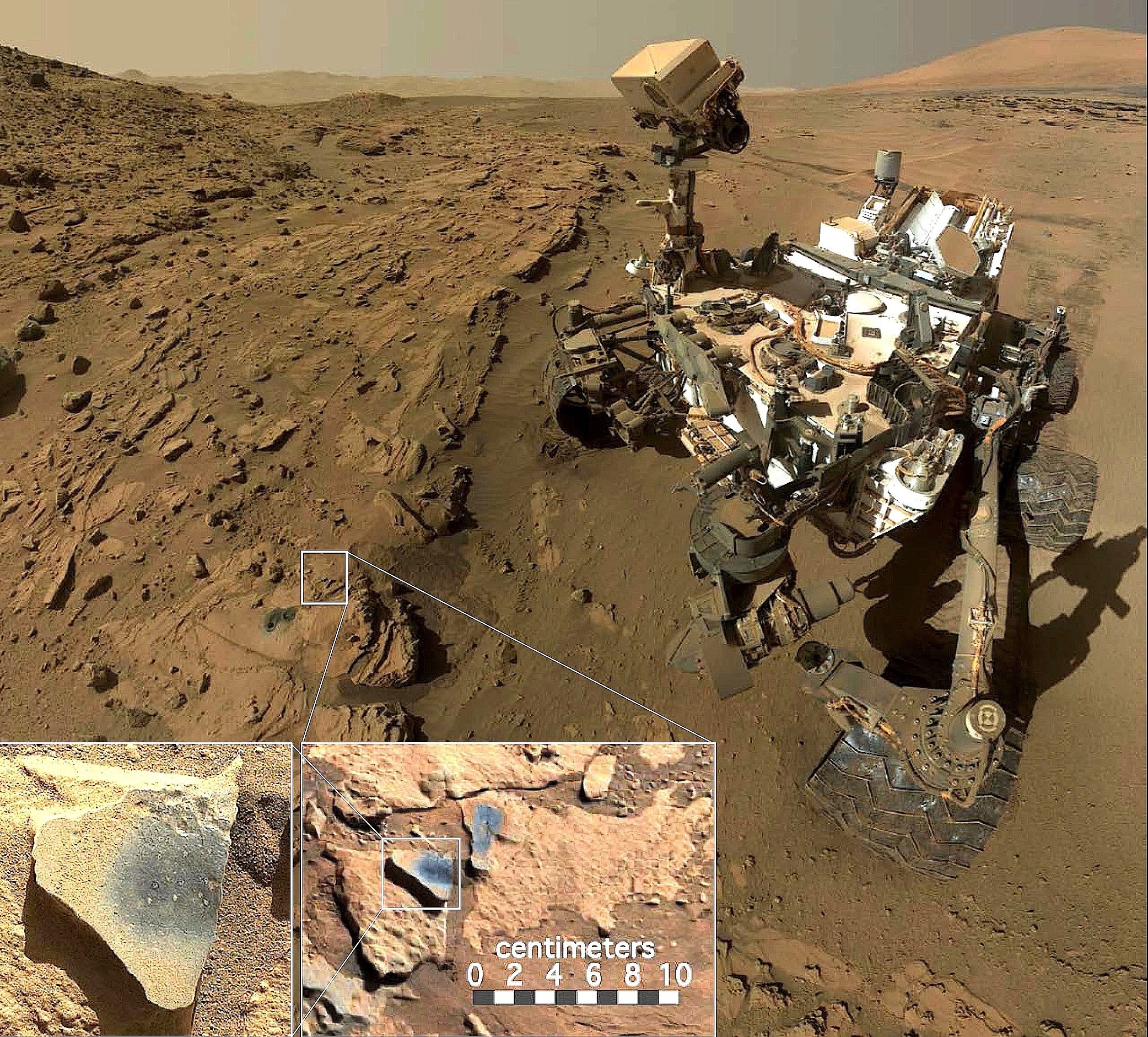 In der Region namens Windjana im Gale-Krater auf dem Mars entdeckte der Rover Curiosity Manganoxid im Gestein. 