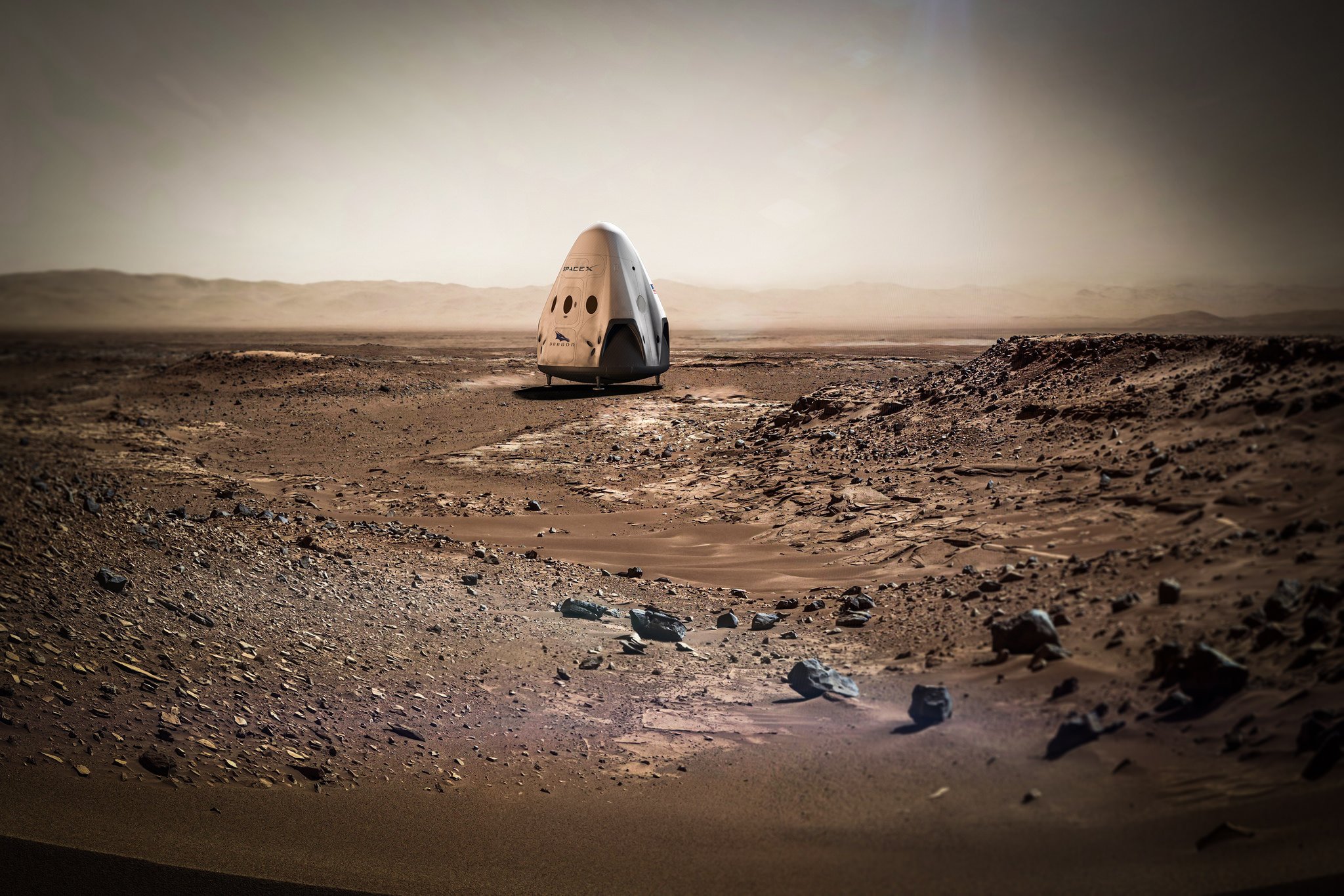 Dragon-Kapsel auf dem Mars: 2018 soll die erste Kapsel zum roten Planeten fliegen, anschließend alle 26 Monate eine weitere. Ziel: die Besiedlung des Mars.