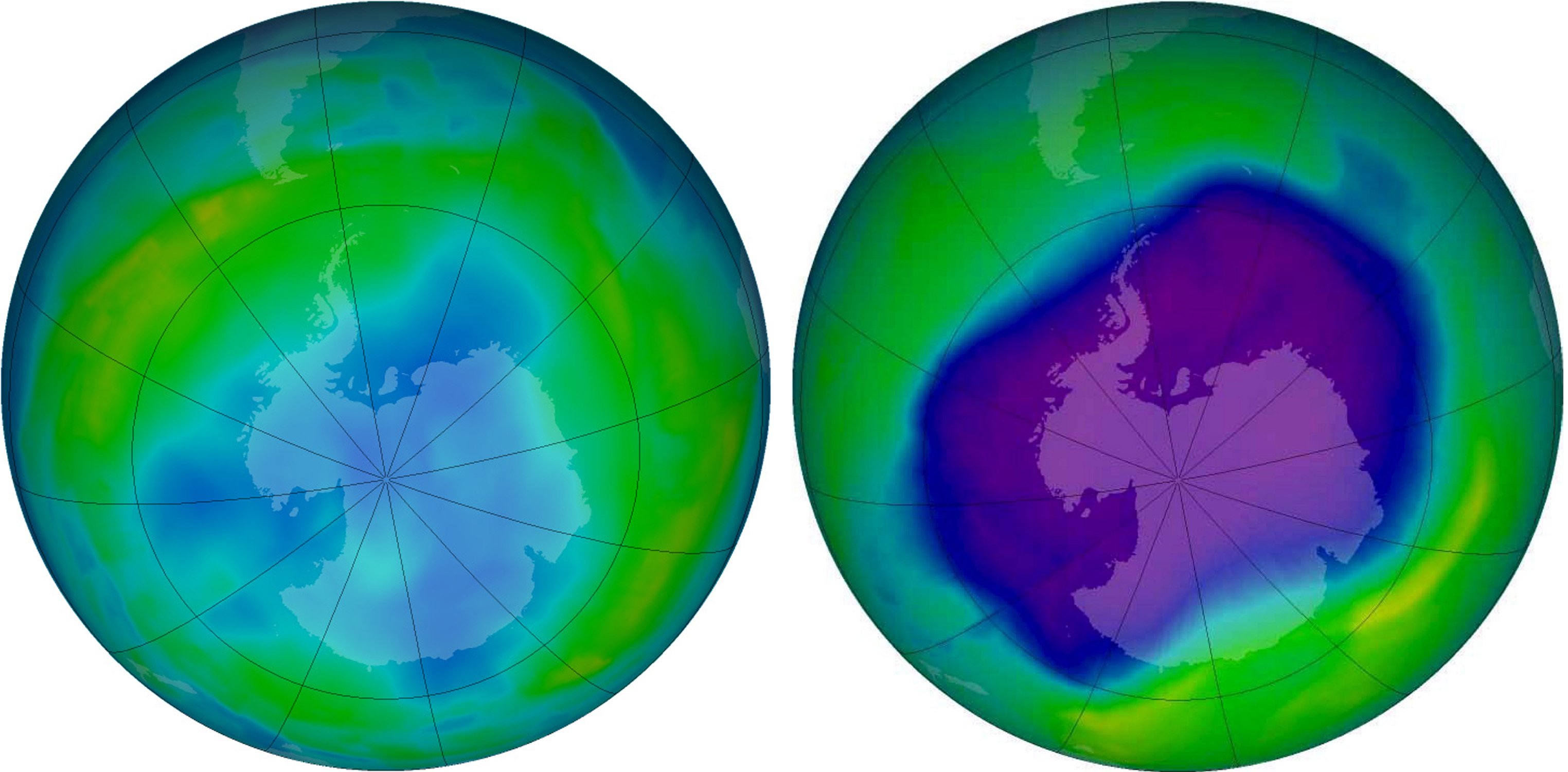 Das Ozonloch über der Antarktis am 24. September 2006 (re.) und am 9. Juni 2013 auf einer Computergrafik. Die blauen und violetten Farben zeigen an, dass die Ozonschicht dünn ist, die gelben, grünen und roten weisen auf mehr Ozon hin. 