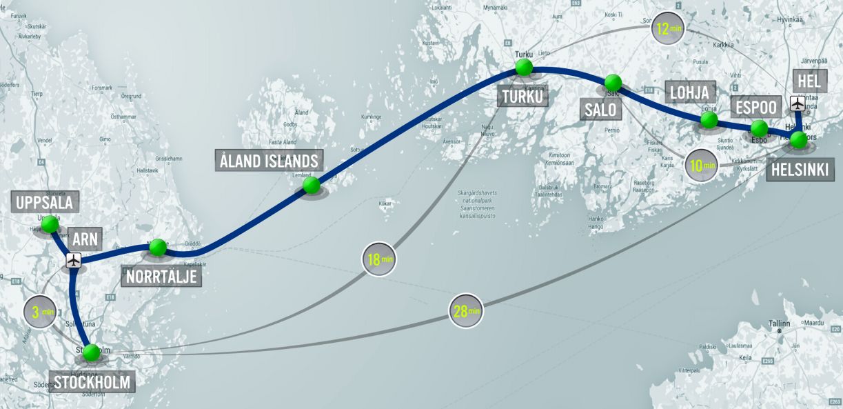 Die geplante Hyperloop-Verbindung soll von Helsinki über Marienhamn auf den Åland-Inseln bis nach Stockholm reichen.