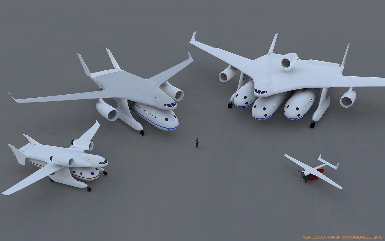 Verschiedene Ausbaustufen des Clip-Air-Flugzeugs. Von der kleinen Propellermaschine bis zum Nurflügler mit drei Turbinen ist alles vorstellbar. 