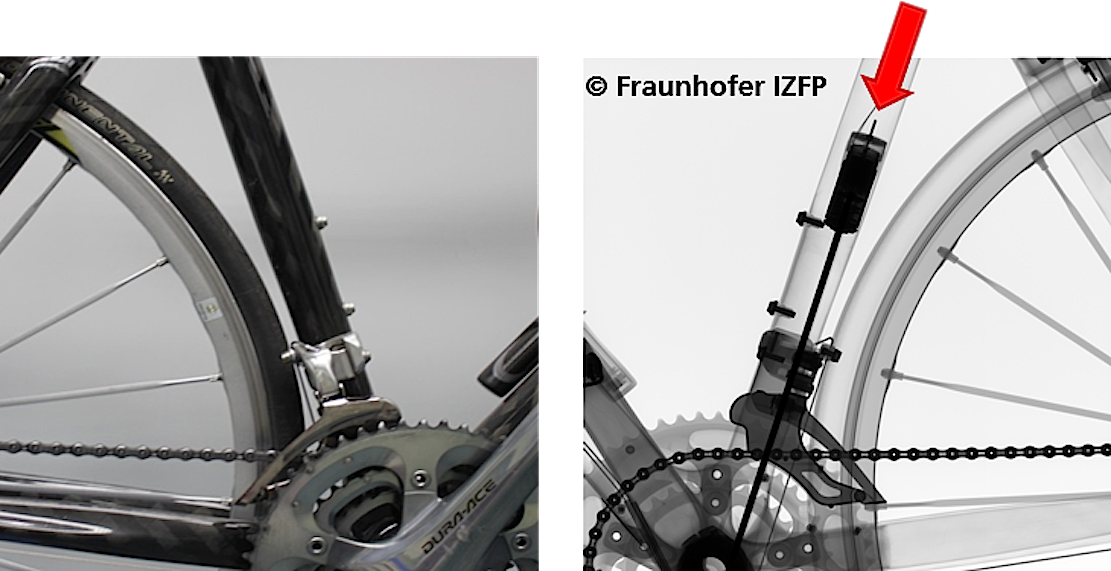 Das Röntgenbild bringt es an den Tag: Im Rahmen des Rennrads steckt ein Elektromotor. So sieht technisches Doping aus.