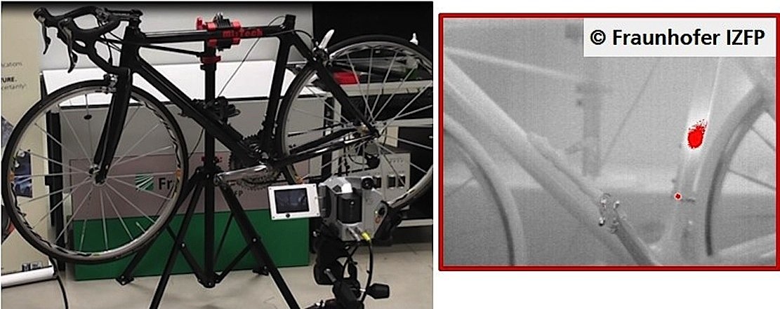 Thermographische Untersuchung eines Rennrades mit verstecktem Elektromotor: Die Infrarotaufnahme rechts zeigt den versteckt im Sattelrohr eingebauten Motor.