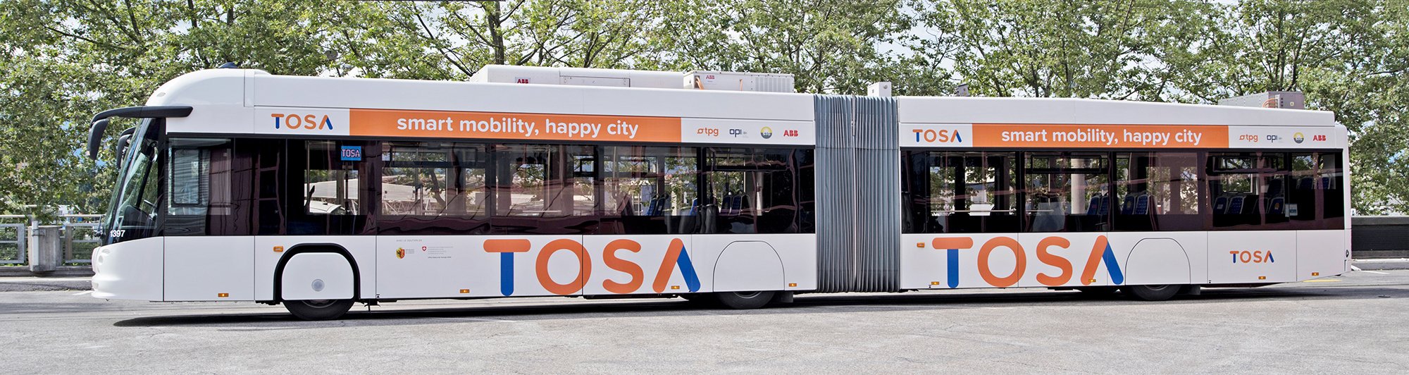 TOSA-Bus: Bis 2018 sollen die Dieselbusse, die auf der Linie 23 in Genf zwischen Flughafen und Vororten verkehren, komplett durch zwölf Elektrobusse mit dem Schnell-Ladesystem TOSA (Trolleybus Optimisation Système Alimentation) ersetzt werden. 