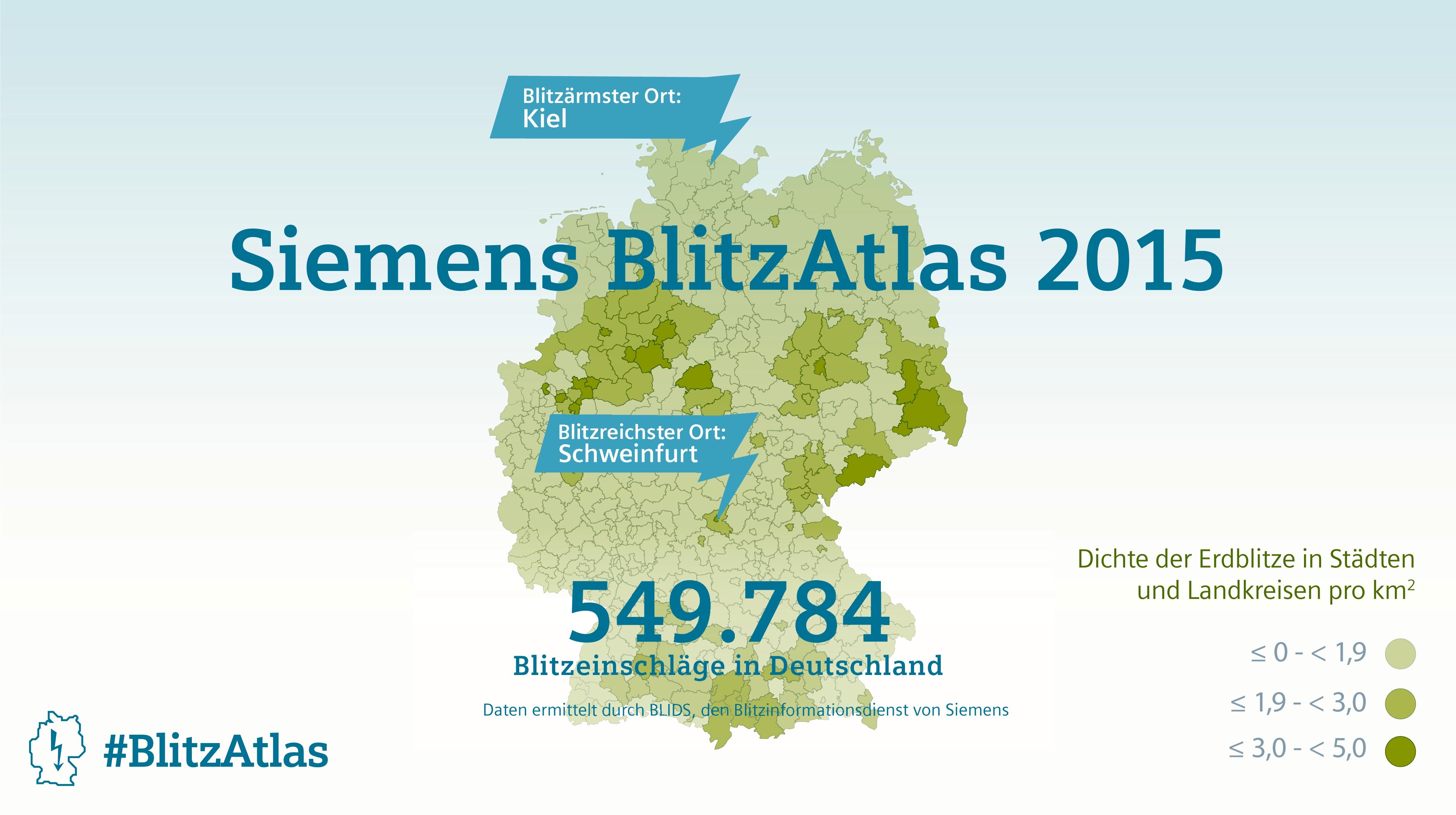 Der Blitzatlas 2015: Die meisten Blitze schlugen im vergangenen Jahr im Süden Bayerns, Teilen Niedersachsens und Nordrhein-Westfalens sowie in Teilen Sachsens und Sachsen-Anhalts ein.