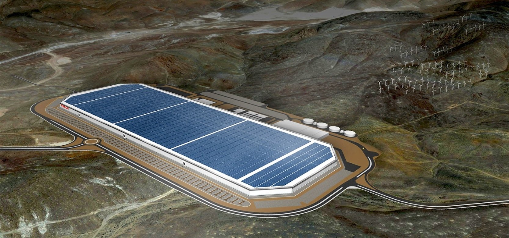 So wird die Gigafactory von Tesla nach Abschluss der Bauarbeiten im Jahr 2020 aussehen.