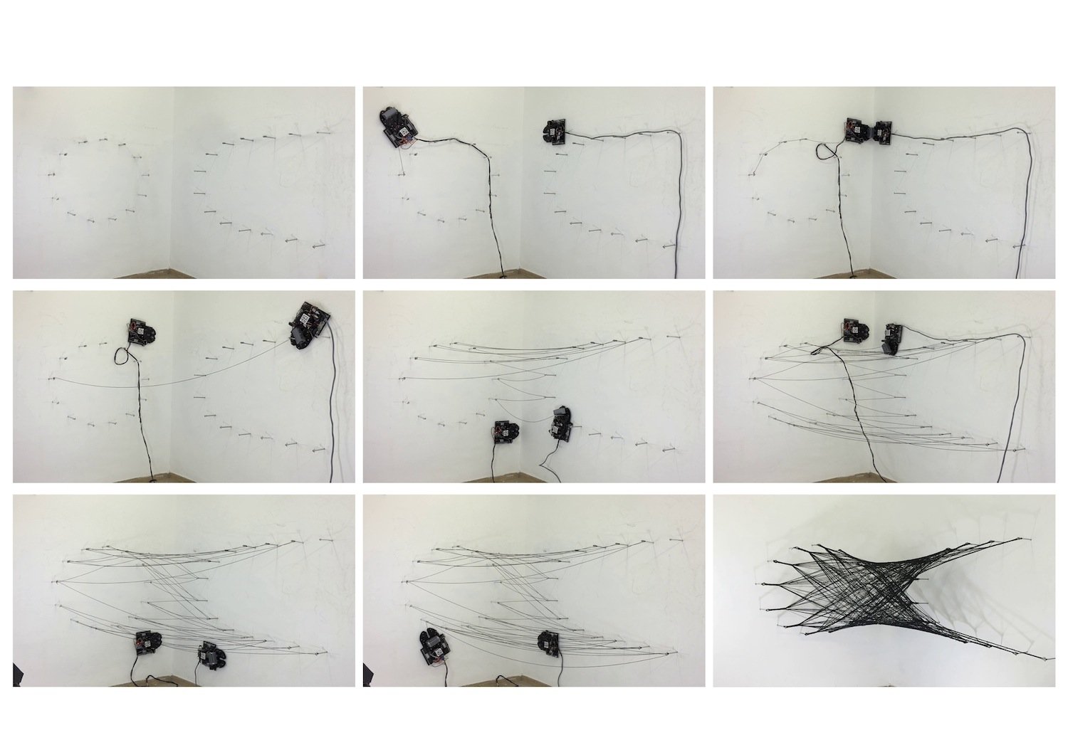 Arbeitsweise der Spinnen-Roboter: Sie kommunizieren miteinander und tauschen Karbonfasern aus. So entsteht ein filigranes Netz. 