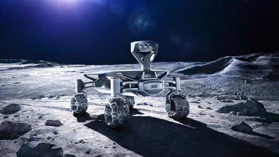 Der Mondrover Audi lunar quattro besteht weitgehend aus Aluminium und kann sich mit maximal 3,6 km/h über die äußerst holprige Oberfläche des Mondes bewegen.