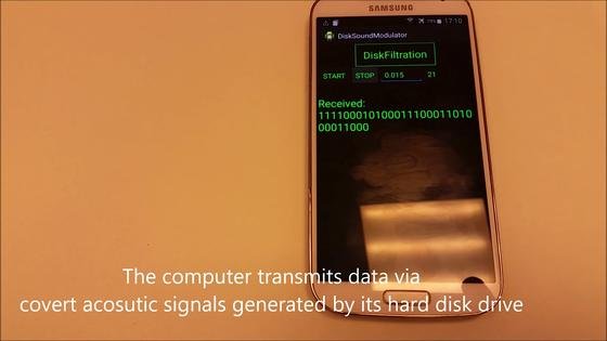 Mit der Software DiskFiltration ist es IT-Ingenieuren aus Israel gelungen, aus Festplattengeräuschen sensible Daten wie Passwörter und Zugangsdaten zu extrahieren. Im Bild zeichnet die Software auf einem Smartphone die Daten auf.