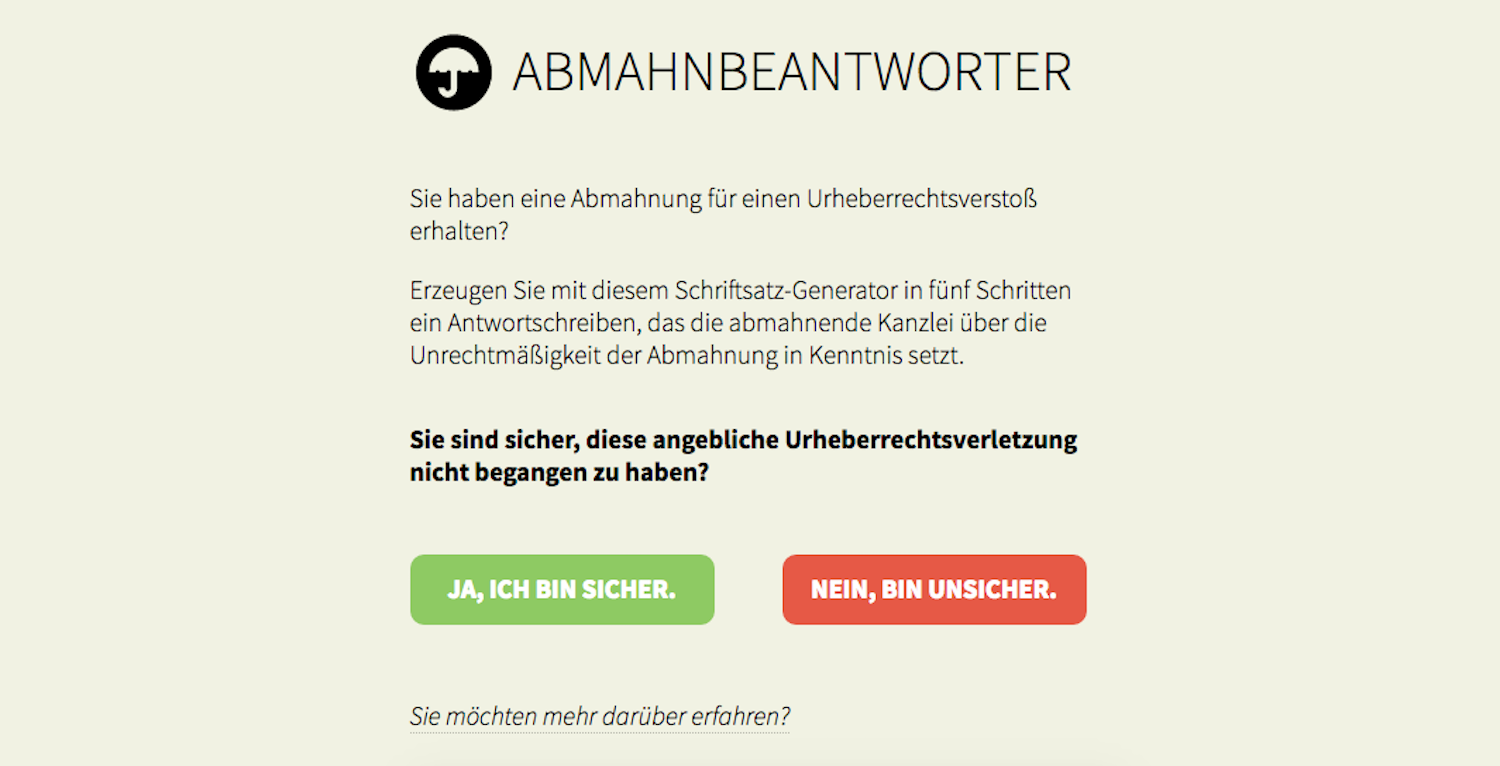 Startscreen des Abmahngenerators: Die Nutzung ist kostenlos. Der CCC will Massenabmahnungen einen Strich durch die Rechnung machen. 