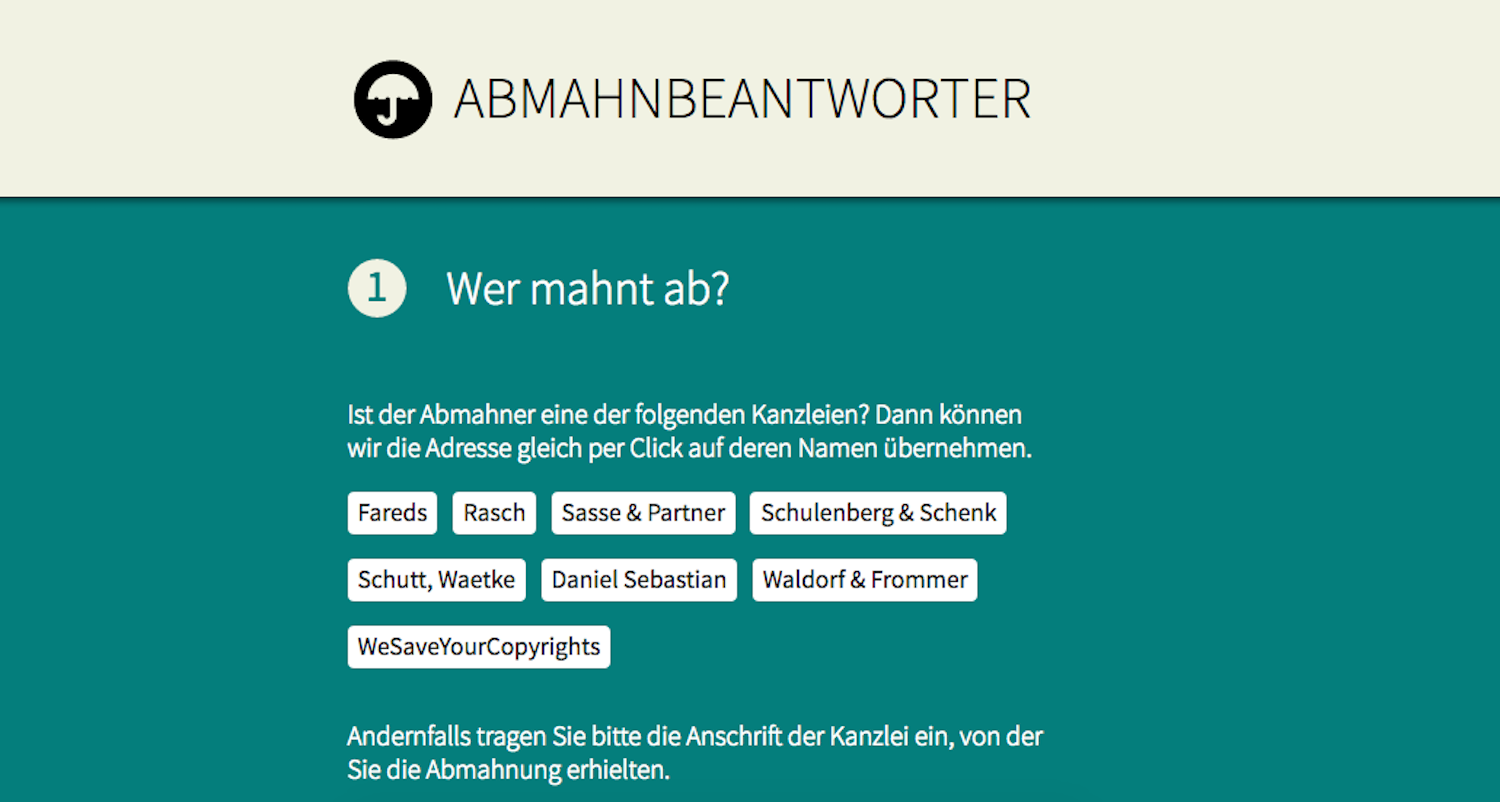 Tipparbeit ist kaum erforderlich: Der Abmahngenerator hält die bekanntesten Kanzleien inklusive Anschriften bereit. 