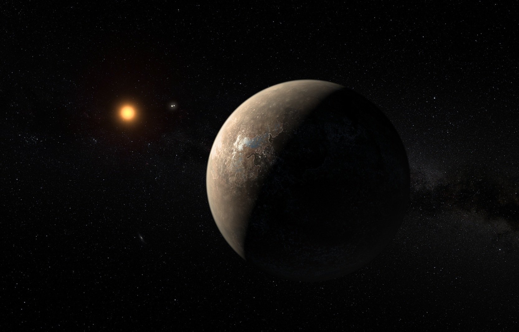 So könnte es aussehen: Im Vordergrund ist der erdähnliche Planet Proxima b zu sehen, der 11,2 Tage braucht, um seine Sonne, den roten Zwergstern Proxima Centauri, zu umkreisen.