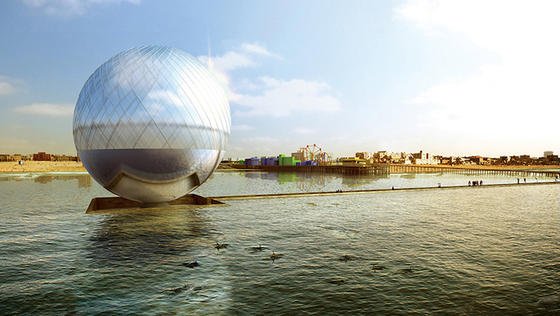 Clear Orb: Die vom südkoreanischen Architekturbüro Heerim Architects & Planers geplante Kugel hat einen Durchmesser von 40 m. Sie könnte 2,2 Mio. Liter Trinkwasser pro Jahr erzeugen und außerdem noch rund 3,8 MWh an Elektrizität ins Netz speisen.