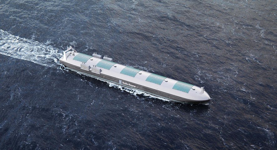 Illustration des autonomen Containerschiffs von Rolls-Royce. Bereits 2020 soll es über die Weltmeere fahren. 