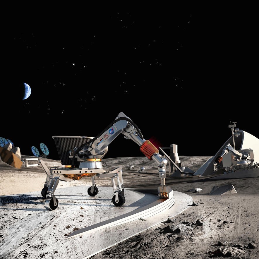 Illustration eines 3D-Druckroboters: So stellt sich die Nasa den Bau von Häusern auf Mond und Mars vor. 