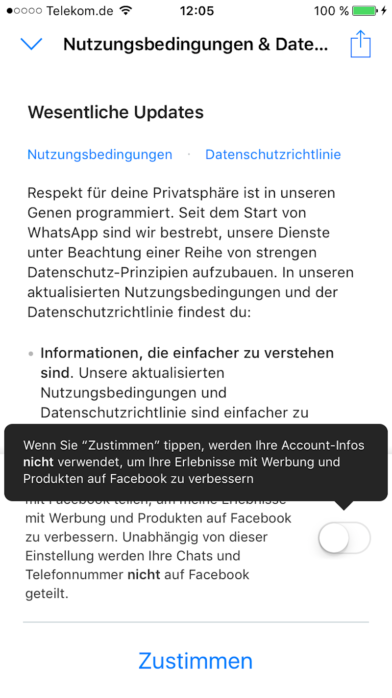 Bei der Neuanmeldung bei WhatsApp diesen Regler deaktivieren, dann nutzt WhatsApp meine Daten wenigstens nicht für Werbung auf Facebook – zumindest vorläufig!