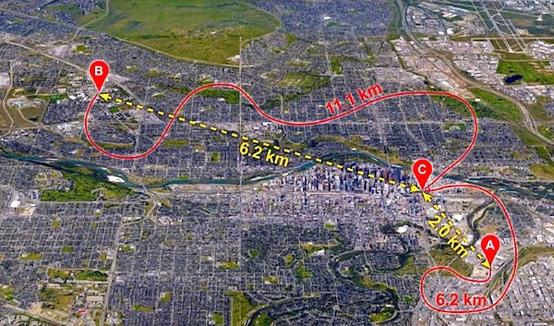 Die Karte zeigt die Stationen im kanadischen Calgary, zwischen denen mithilfe verschränkter Lichtteilchen Informationen übertragen wurden. Rot eingezeichnet sind die Glasfaserkabel des Telekommunikationsnetzwerks der Stadt.