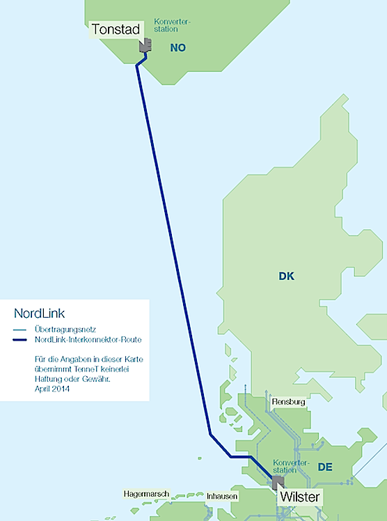 Verlauf der Nordlink-Route von Wilster (Schleswig-Holstein) nach Tonstadt in Norwegen. Übetragen wird Gleichstrom mit einer Spannung von 500.000 Volt. 