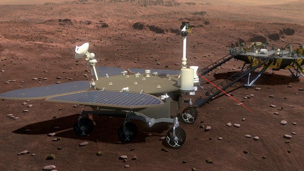 Der sechsrädrige, chinesische Marsrover soll 2020 zum Mars fliegen. Dort soll der Rover Bodenproben nehmen und nach Anzeichen für Wasser auf dem Mars suchen.