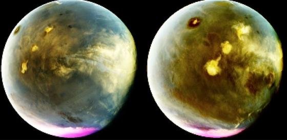UV-Aufnahmen der Tagseite des Mars: Sie zeigen die Wolkenbildung über den großen Vulkanen des Planeten - zu sehen als helle Flecke.