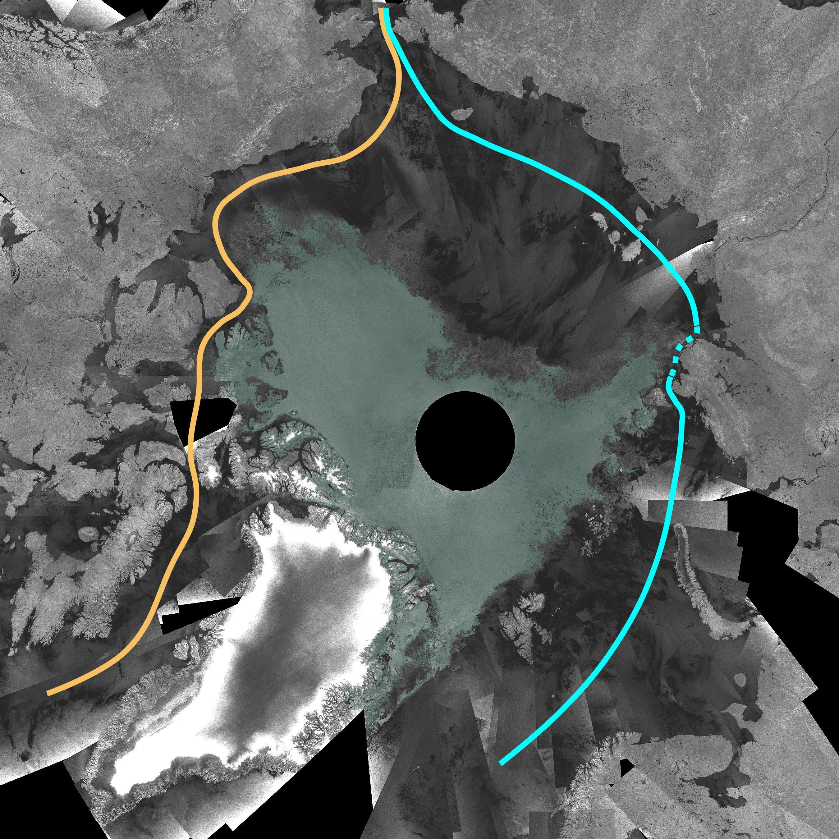 Das Satellitenbild vom September 2007 zeigt den kanadischen Teil der Nordwestpassage zum ersten Mal seit Beginn der Aufzeichnungen völlig eisfrei und damit schiffbar.  