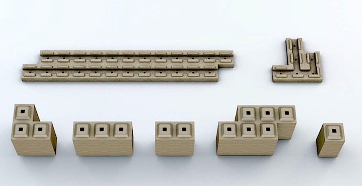 Die Steine aus Polymerbeton gleichen Lego-Steinen und werden auch genauso zusammen gesetzt.