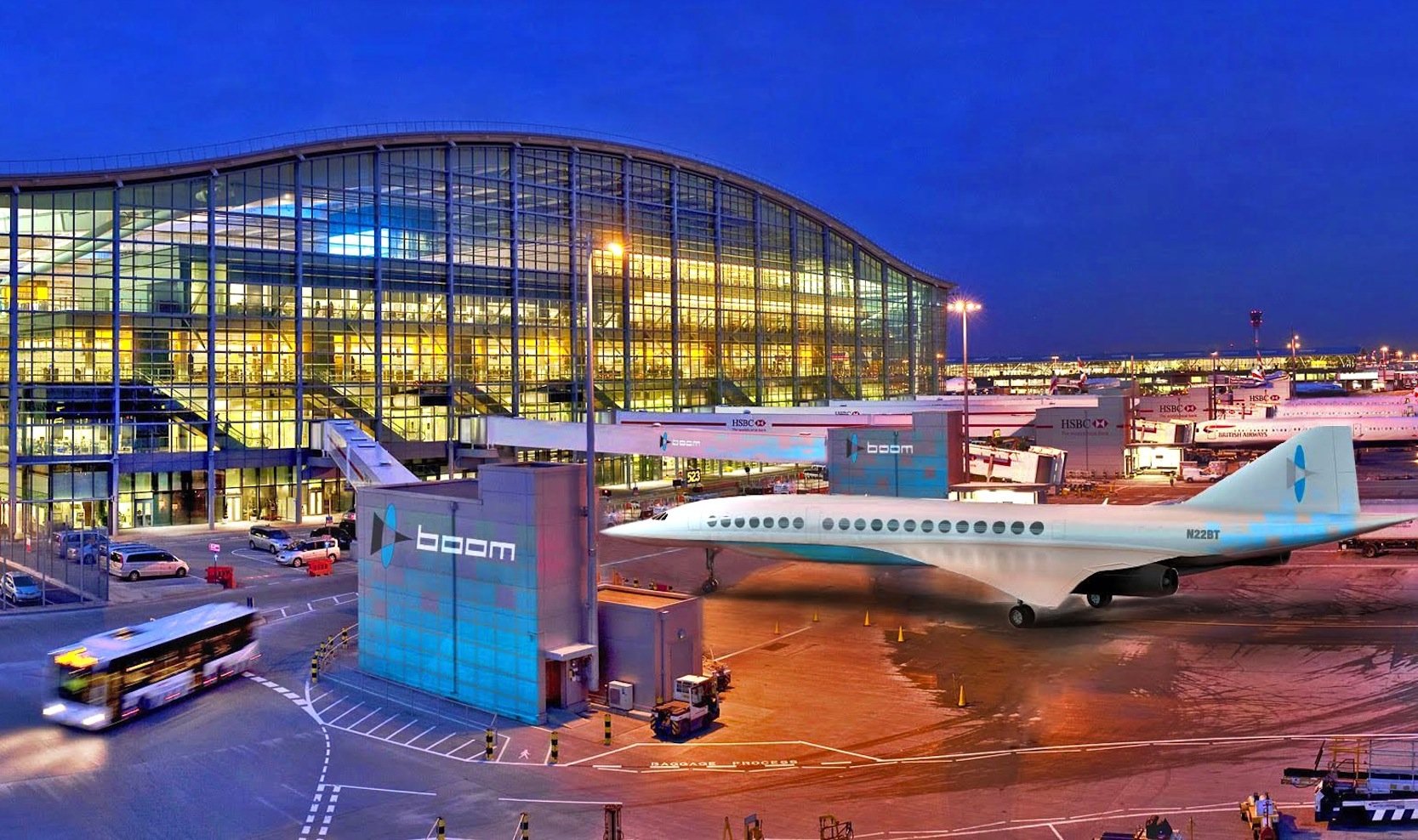 Simulation eines Boom-Jets auf dem Flughafen Heathrow in London: Das Flugzeug soll die Strecke New York – London in dreieinhalb Stunden schaffen. 