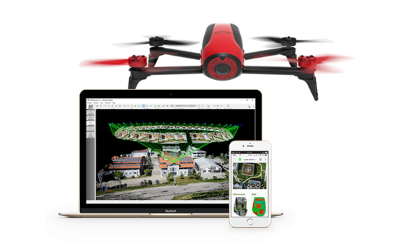 Dieses Package erstellt ein 3D-Modell des eigenen Hauses: Die Drohne Bepop 2 von Parrot und eine Cloud-Software von Pix4D. 