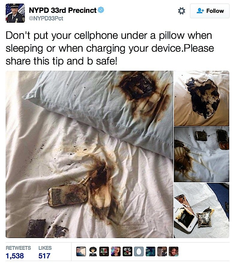 Warnung der New Yorker Polizei auf Twitter vor dem Laden von Smartphones unter der Bettdecke.