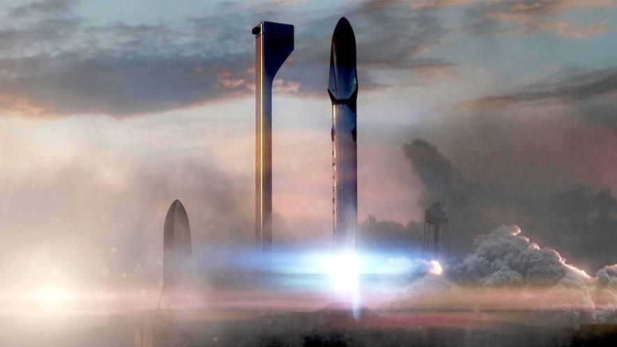 Animation des Starts einer Falcon-Heavy-Rakete mit Dragon-Raumkapsel: Schon im nächsten Jahr will SpaceX zum ersten Mal mit zwei Weltraumtouristen zum Mond fliegen.