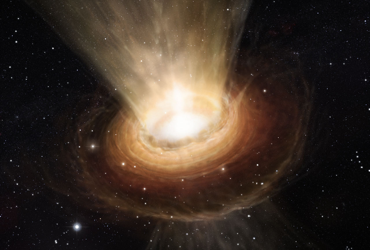 Ausgebrannte Sonnen können unter ihrer eigenen Schwerkraft zusammenstürzen. Übrig bleibt ein Schwarzes Loch, aus dem nicht einmal Licht entkommt. Die Illustration zeigt die Umgebung des supermassereichen Schwarzen Lochs im Herzen der aktiven Galaxie NGC 3783 im südlichen Sternbild Centaurus. 