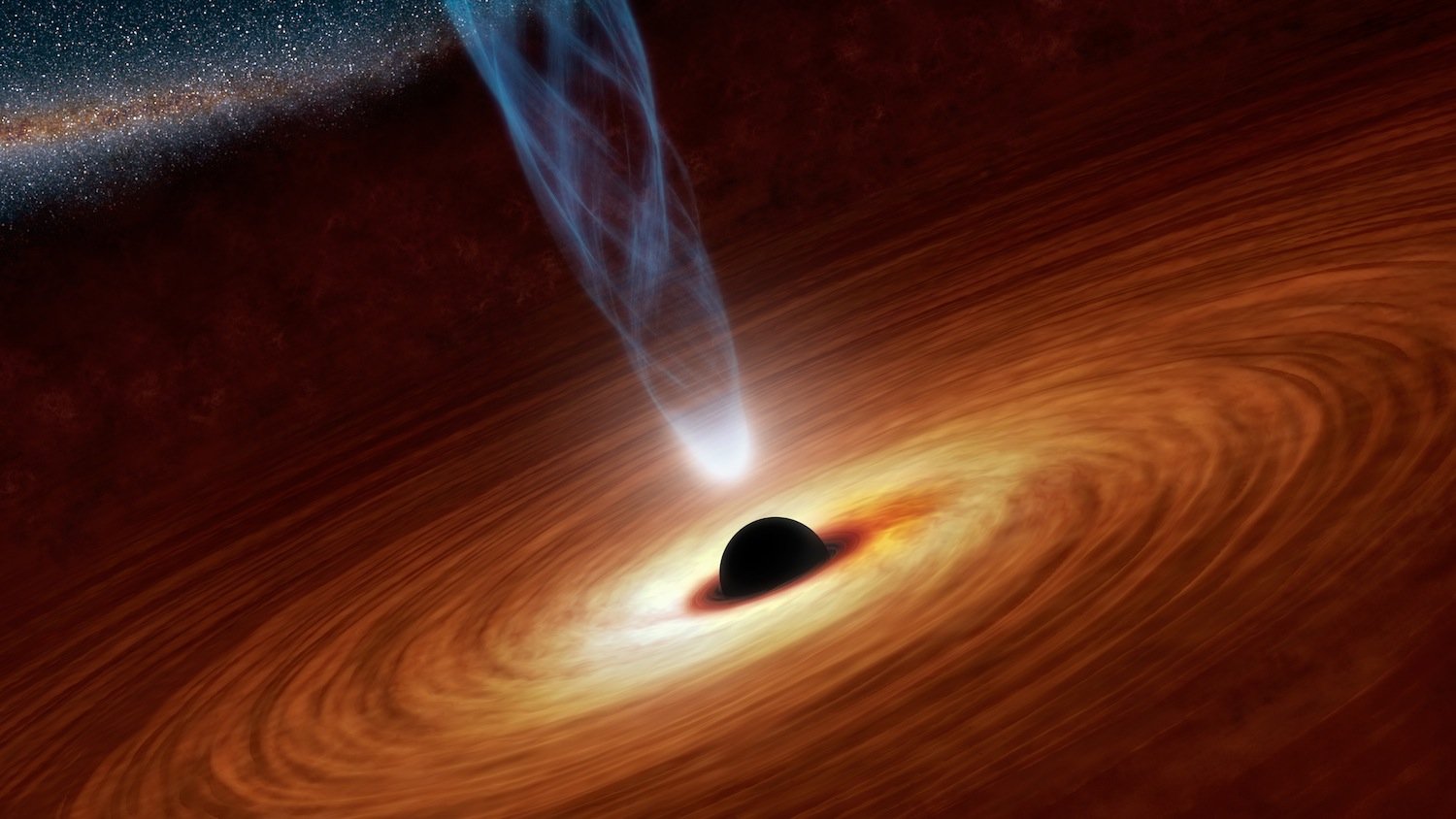 Schwarze Löcher entstehen aus massereichen Sternen und wachsen, weil ihre starke Gravitationskraft umliegende Materie und Energie aufsaugt. 