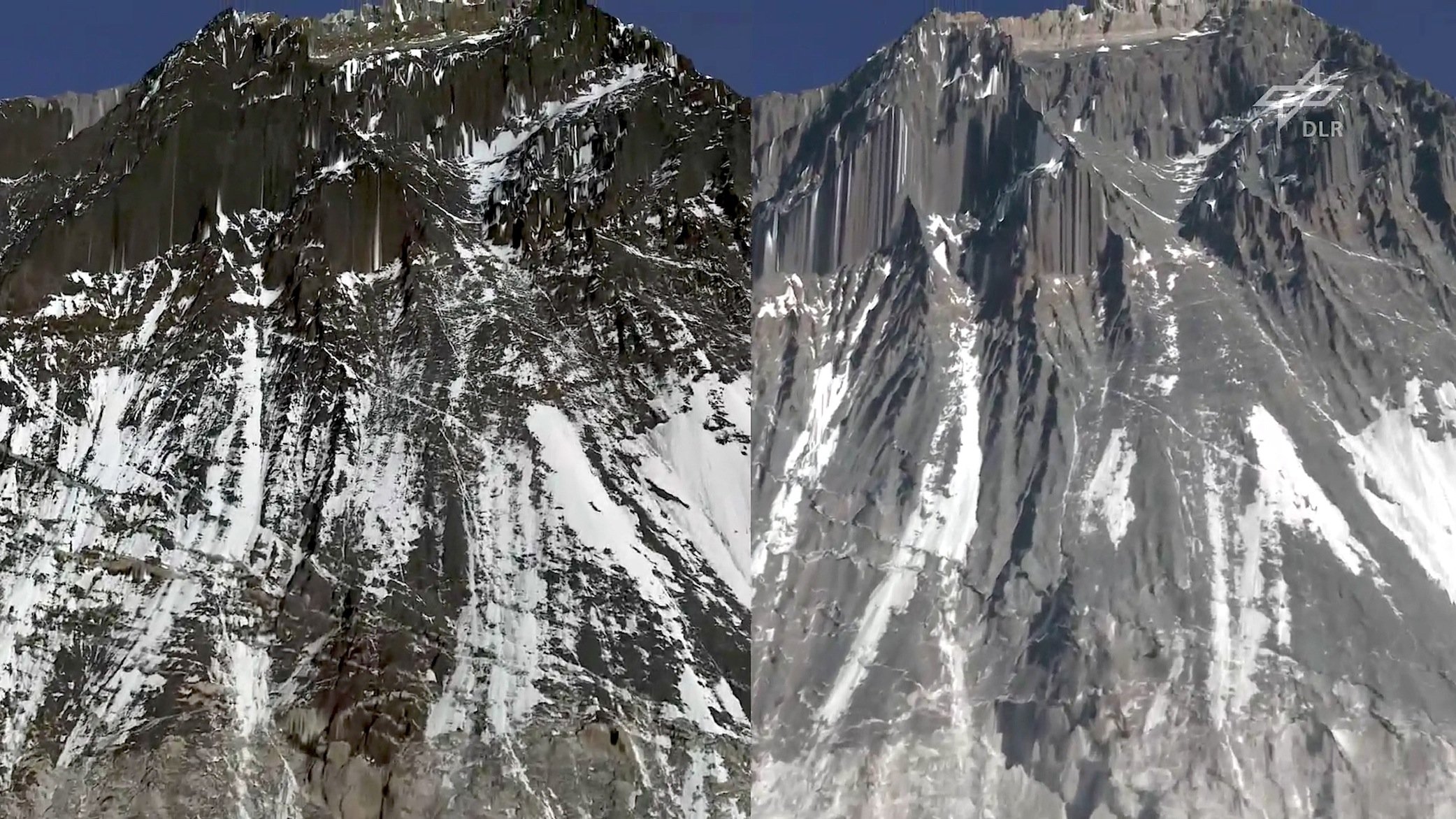 Das MACS-Kamerasystem erlaubt hoch auflösende Bilder (l.), die deutlich den Aufnahmen von Satelliten (r.) überlegen sind. Die beiden Bilder zeigen das selbe Bergmassiv im Himalaya.