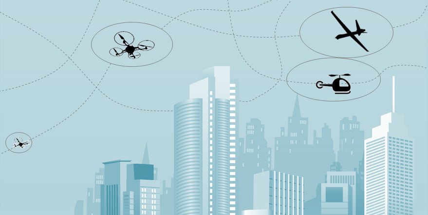 Grafik einer Skyline mit Flugzeug, Helikopter und Drohne darüber