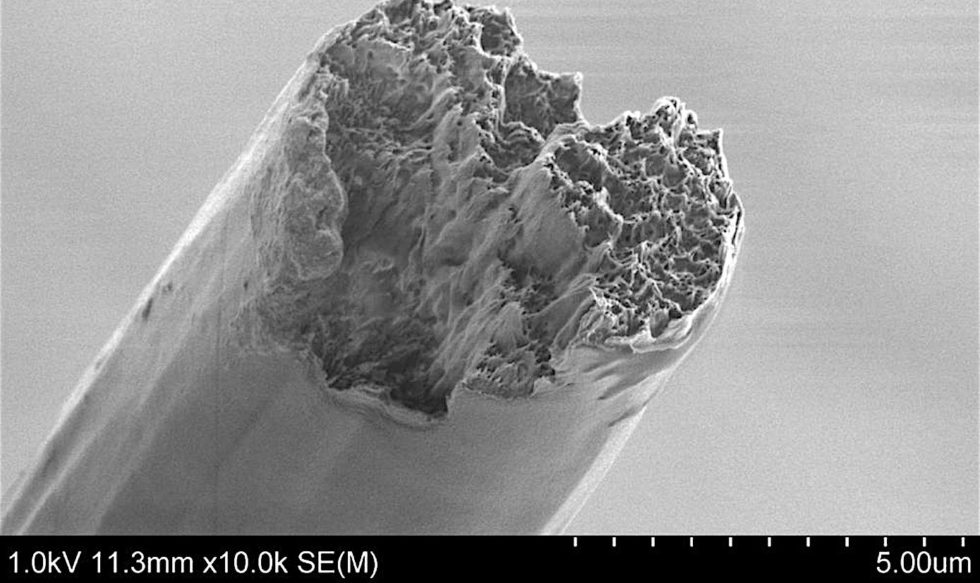 So sieht die stärkste Faser der Welt unter dem Rasterelektronenmikroskop aus.