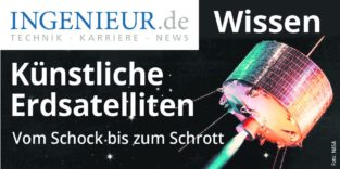 Schriftzug ingenieur.de Wissen auf Bild eines geosynchronen Satelliten
