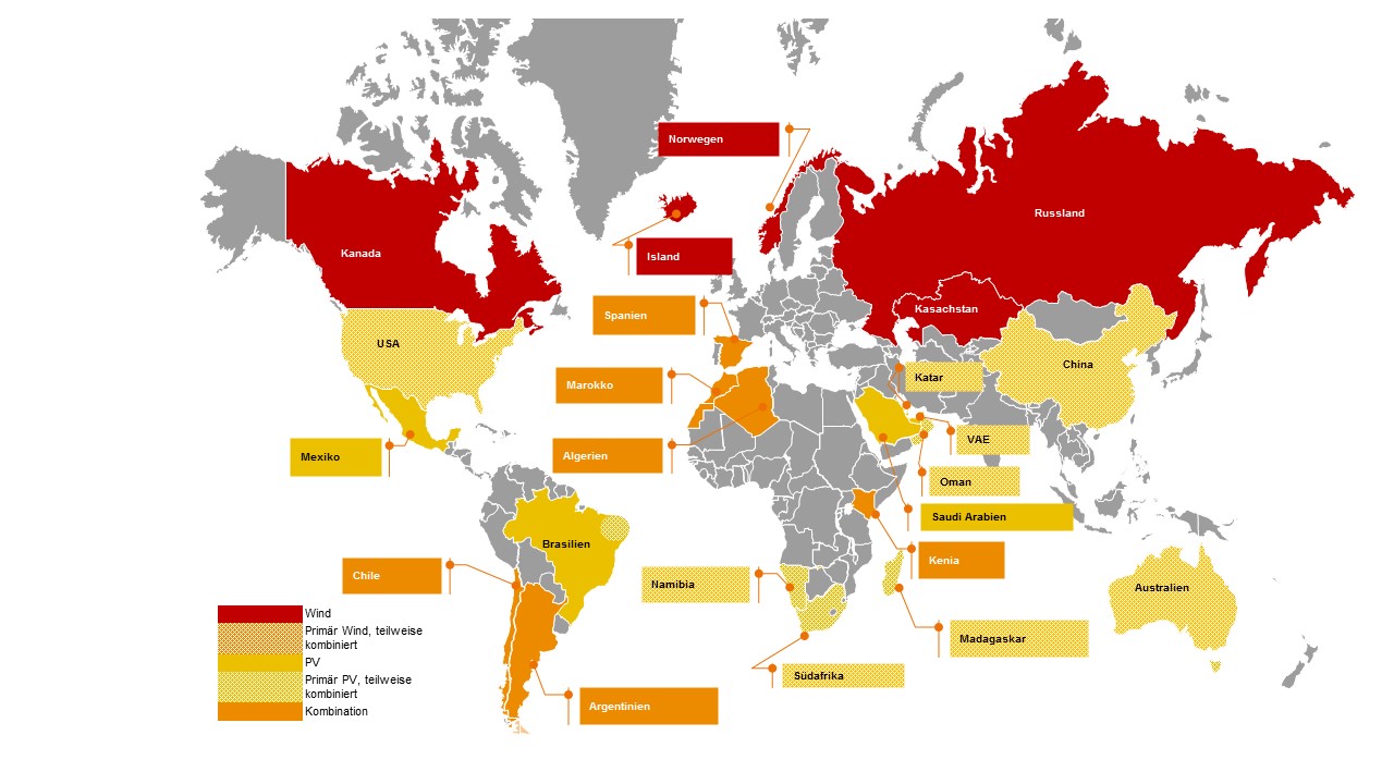 Übersicht über die 22 Länder, die PtX-Produzenten sein könnten - nach Energieform