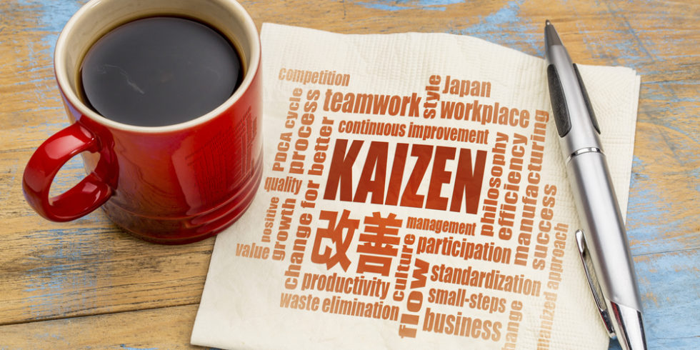 Serviette ist mit verschiedenen Wörtern beschrieben, darunter Kaizen. Daneben eine Tasse Kaffee und ein Stift