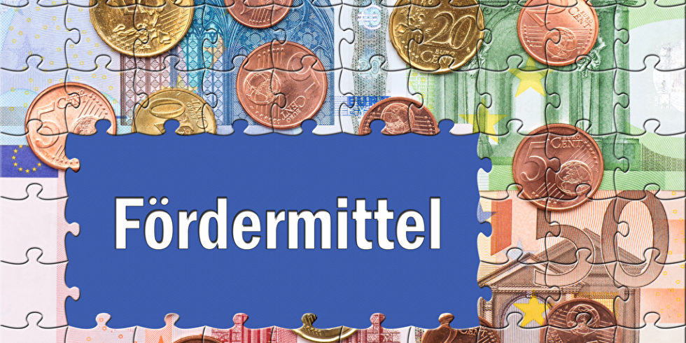 Der Schriftzug Fördermittel ist auf Puzzleteile gedruckt, die auf einem Euro-Geld-Puzzle liegen