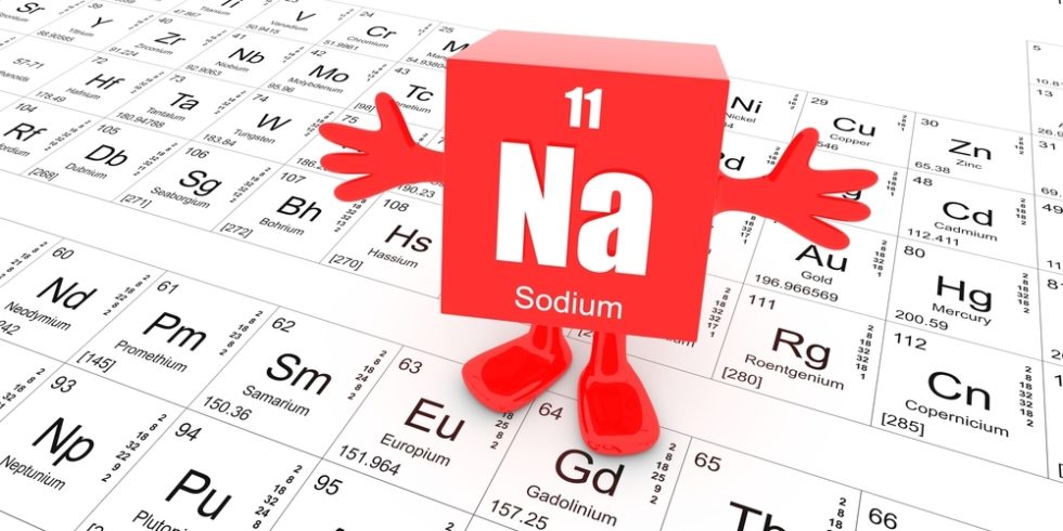 Das Element Natrium steht als rotes Klotz mit Füßen und Händen auf dem Periodensystem
