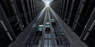 Aufzüge an der Außenseite eines Giga-Hochhauses