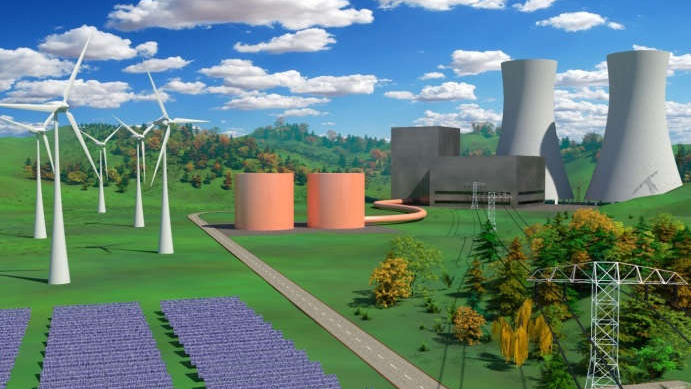Symbolbild eines Kraftwerks mit Salzspeicher und Kühltürmen, daneben Windkraftanlagen und Solarpaneele