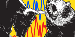 Bulle und Bär vor Graphen schwankender Kurse