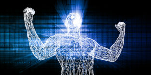 Techriesen: Menschengestalt vor schwarzem Hintergrund