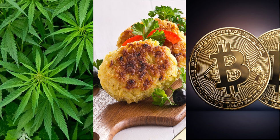 Fotomontage: ganz links Cannabispflanzen, mittig fleischlose Patties, rechts Bitcoin-Münzen