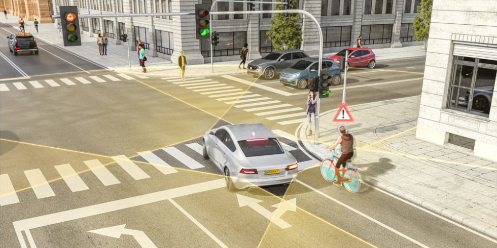 Der Rechtsabbiegeassistent soll Autofahrer in unübersichtlichen Situationen unterstützen.
Foto: Continental AG