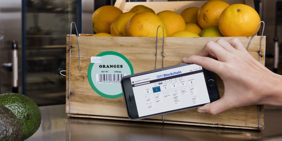 Smartphone scannt Barcode auf einer Kiste voller Orangen